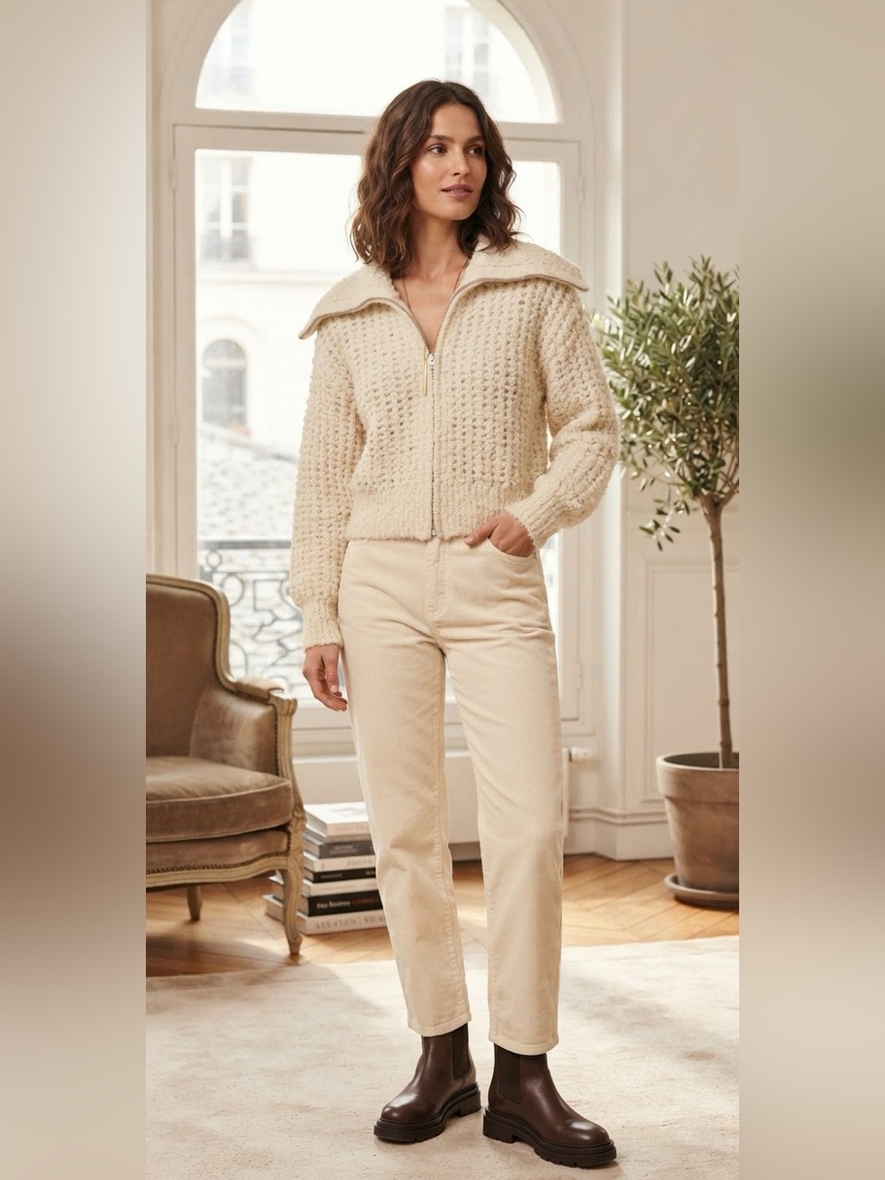 Banana Republic Oversized Alpaca-Wool Bouclé Zip-Front Sweater Cream Size Small
